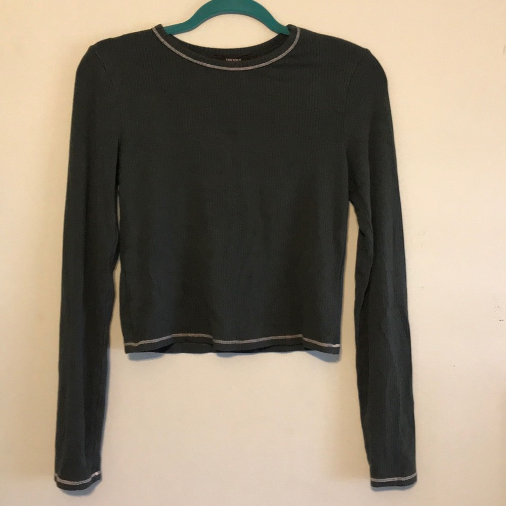 Forever 21 Dark Soft Sage Ribbed Long Sleeve Top